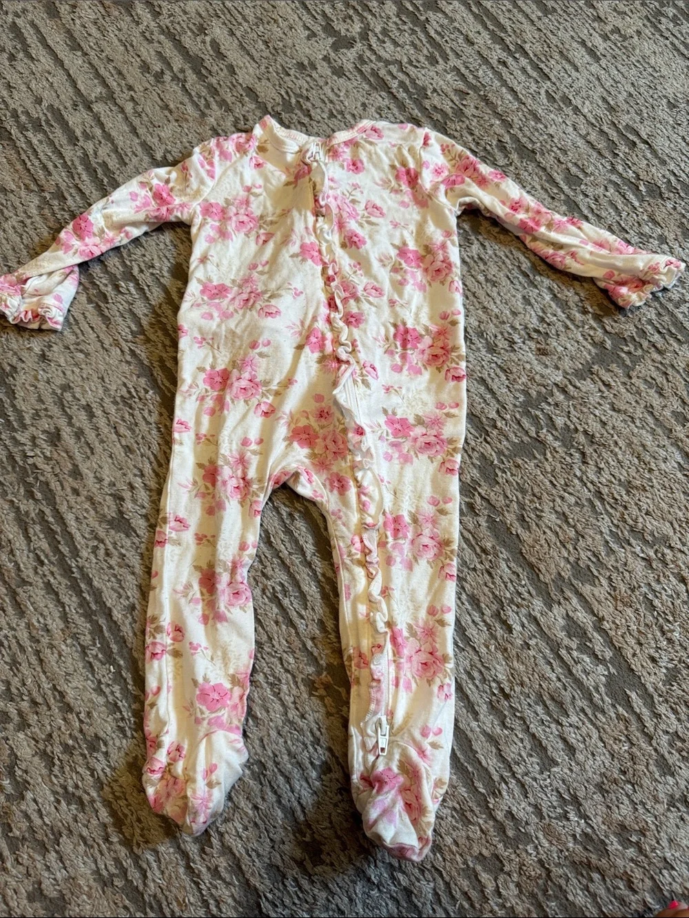 Little Me Cream One-Piece Footed Pajamas with Pink Floral Print 6-9 month